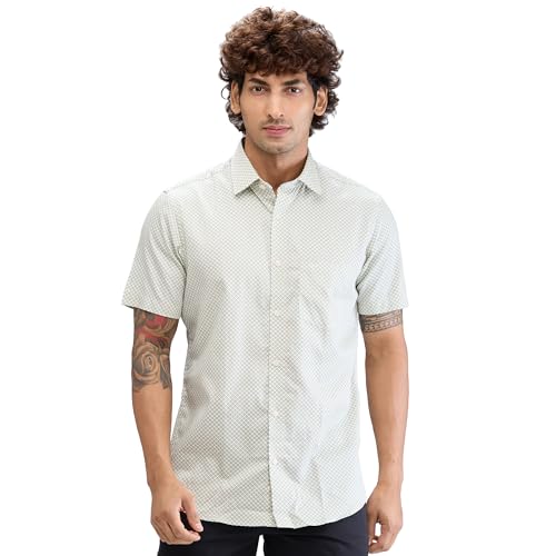 Image of Colorplus Men's Regular Fit Print Pattern Pure Cotton Plain Collar Half Sleeve Casual Shirt