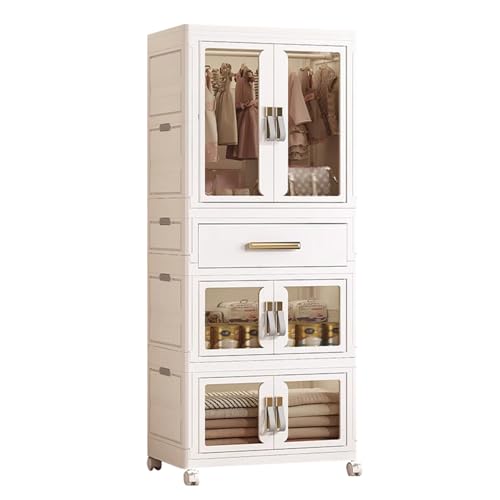 Image of XIMSPHY Portable Kids Wardrobe, Plastic Closet Organizer with Hanging Rod, Collapsible Wardrobe Closet Storage Cabinet for Bedroom, Easy to Install (White, Large)