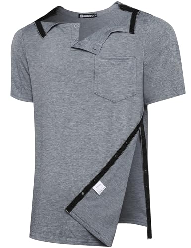 KGGEOO Men’s Post Shoulder Surgery Recovery Shirt Tear Away Short Sleeve Rotator Cuff Full Side Snap Adaptive Chemo Clothing