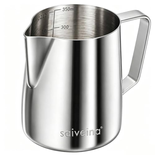 Image of Saiveina Milk Frothing Pitcher, 12oz Milk Frother Cup Stainless Steel | Espresso Milk Pitcher, Milk Steamer Cup, Milk Jug, Milk Frother Pitcher, Milk Frothing Cup with Handle for Cappuccino Coffee