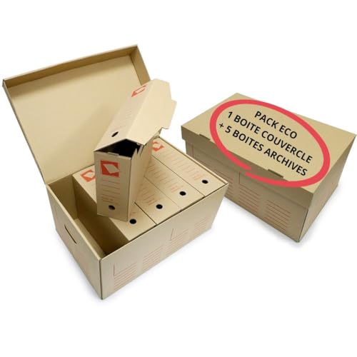 Générique Lot de 5 Boîtes d’Archives + 1 Grande Boîte Rangement et Classement | Carton Recyclé Poignées + Couvercle Amovible | Format 52x35x25 cm –...