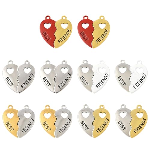 MakemadeDIY 10 Sets Heart Best Friend Charms for Jewelry Making Spray Painted Alloy Split Metal Pendants Bracelets Necklaces Earrings Keychains Crafts Charms