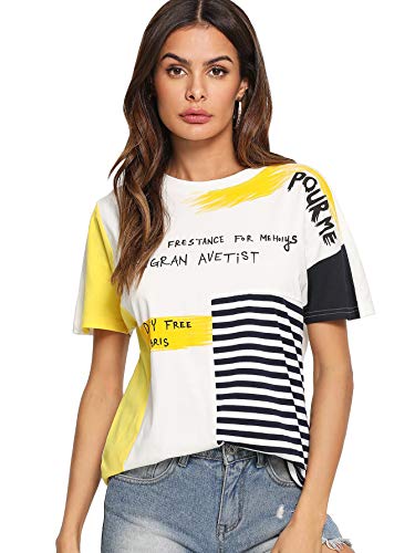 SheIn Women's Graphic Cute Short Sleeve Crewneck T-Shirt Casual Letter Print Top Medium Yellow