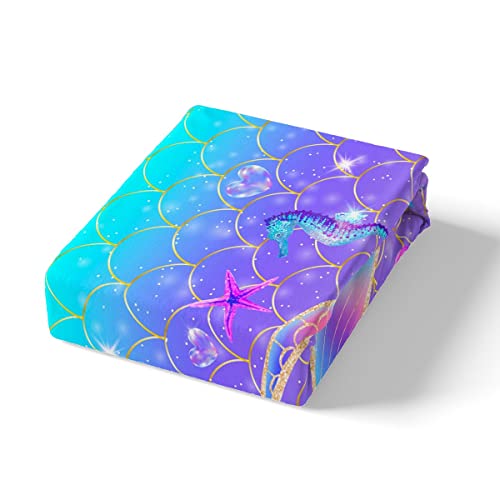 Kids Duvet Cover For Girls Mermaid,Little Mermaid Bedding Set Twin Size,Girly Purple Mermaid Tale Comforter Cover,Nautical Fish Scales Starfish Seahorse Bed Cover With 1 Pillow Sham Zipper&Ties #TOP4