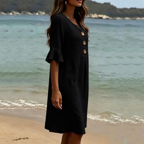 LUNULE Robe Demoiselle d'honneur Femme, Femme Sexy Robes Femmes Enceinte Élégante pour Unie en Coton Et Lin Boutonnée Col V Manches Courtes Mi-Longue Fluide Trapèze Style Plage – vue 3