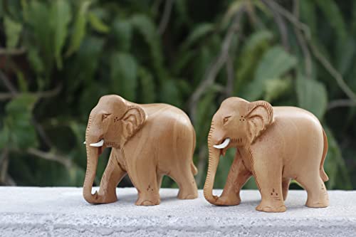 Image of Natural Elephant Kadam Wood Pair Idol Statue Wooden Animal Figure for Home Decor Living Room or Shelf Decoration - Down Trunk 2 Inches