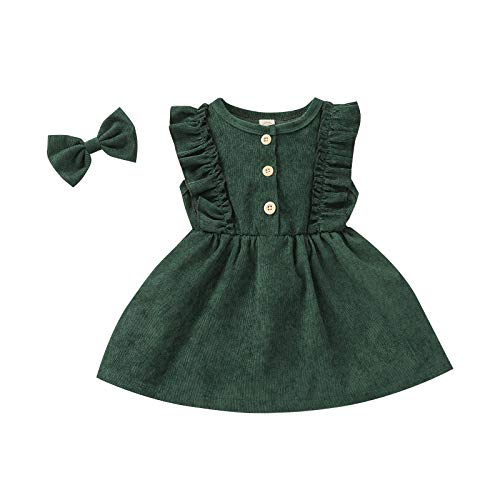 Infant Kids Toddler Baby Girls Dress Clothes Sleeveless Corduroy Ruffle Button Princess Party Dresses Summer Outfits (Green, 12-18 Months)