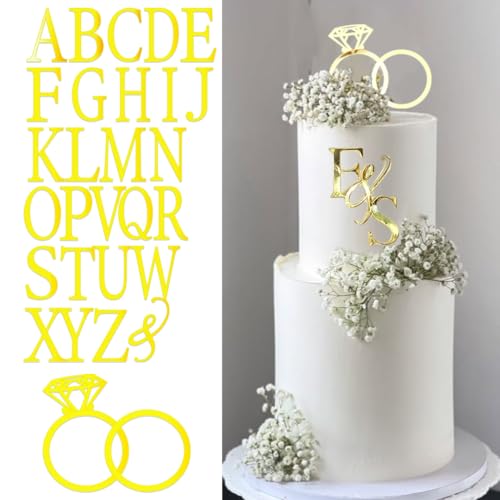 Wedding Cake Topper Diamond Ring Cake Topper with 26 Letter Personalize Bride and Groom Initial Sign