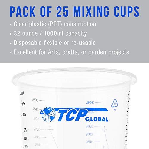 TCP Global 32 oz. (1000ml) Graduated Plastic Mixing Cups (Box of 25) - Disposable Plastic Measuring Cups for Liquids, Paints, Resin, Epoxy, Art, Kitchen - Ratios 2-1, 3-1, 4-1 ML