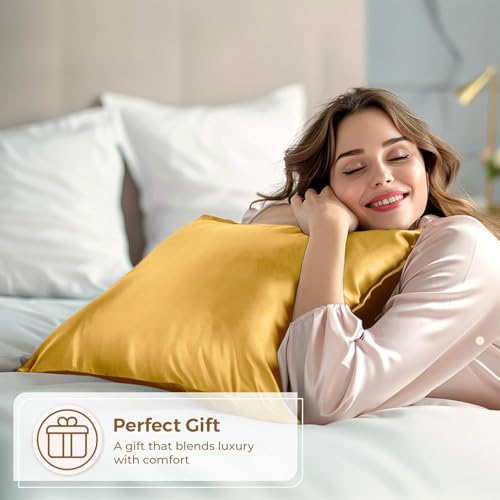 Image of Premium Satin Pillowcase Set of 2 with Eye Mask & 3 Scrunchies | Silky Soft, Anti-Frizz, Skin & Hair Care Sleep Set | Luxury Gift Combo for Women & Girls (Yellow)