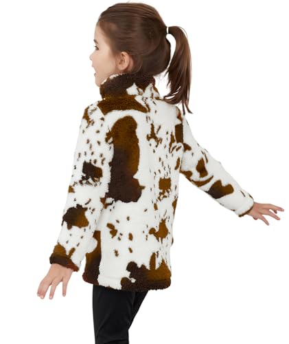 Girls Cow Print Pullover Quarter-Zip Sherpa Fleece Jackets Casual Fuzzy Outwear Coat with Pockets2