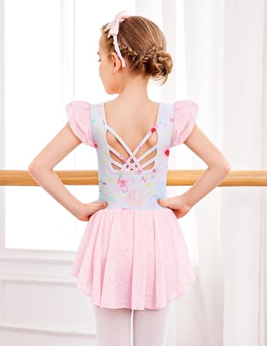 Image of Arshiner Girls Shiny Ruffle Sleeve Ballet Leotard with Skirt Criss-Cross Back Dance Dresses