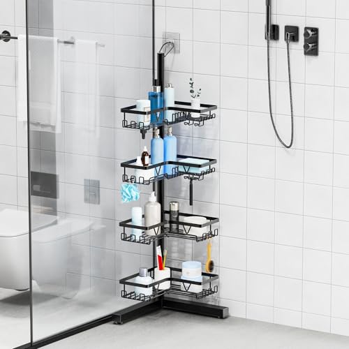 Image of KEGII Floor Shower Caddy Standing - 4-Tier Corner Shower Organizer with Hooks & Soap Holder, Free-Standing Bathroom Storage Rack for Shampoo & Toiletries, Black