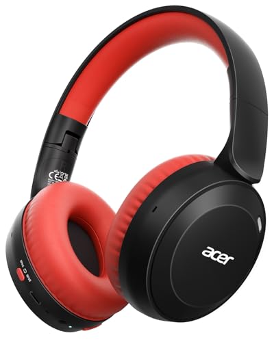 Acer OHR668 Wireless Kids Headphones, Dual 85/94dB Volume-Limiting, 60-Hour Battery, Black/Red
