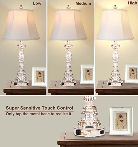 Table Lamps For Living Room Set Of 2, 27.5" H Tall Touch Lamps For Bedrooms, Bedside Lamp With Usb And Ac Outlet, Farmhouse Lamp With Bell Shade, Washed White Candlestick Nightstand Lamp With Bulbs #TOP3