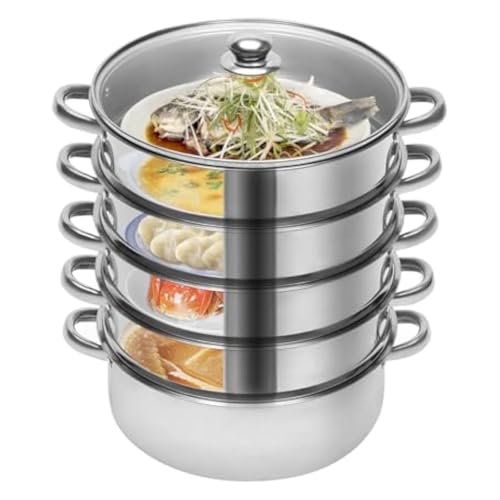 ZOLPINL Juego de ollas apilables y vaporeras de Acero Inoxidable, Olla Multiusos de 5 Niveles para cocinar al Vapor, Olla con Tapa de Vidrio Templado para cocinar Verduras, Pescado y Maris
