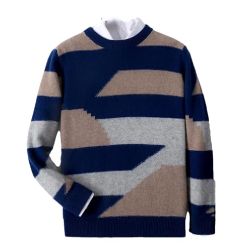 Men's Round Neck Thick Sweater Knit Pullover Merino Wool Striped Office Sweater