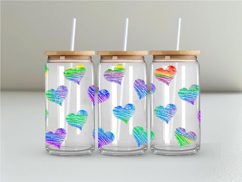 Rainbow Hearts 16oz Glass Can Tumbler – Iced Coffee Cup with Bamboo Lid & Glass Straw – Vibrant Sketch Heart Design – Sustainable Drinkware
