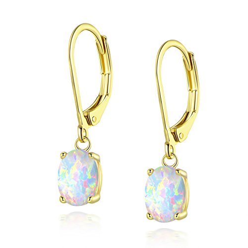 18K Gold Plated Created Earrings White Opal Oval 6x8MM Leveback Dangle Earrings for Women