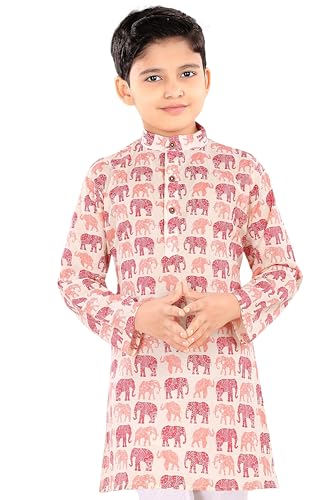 Image of TinySteps Boys Cotton Kurta Pajama | Traditional Ethnic Wear Pure Cotton Printed Kurta With Elastic Waist White Pajama