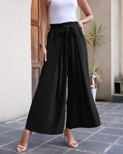 LOUSGUTA Wide Leg Pants for Women High Waisted Palazzo Pants Work Casual Flowy Tie Knot Trousers with Pockets3