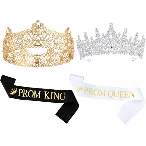 Retrowavy 4 Pcs Prom King and Queen Crown Set with Sashes Prom King Queen Sash and Tiara Set for 2026 Grad Birthday Carnival Wedding Costume Accessories(Gold Silver)