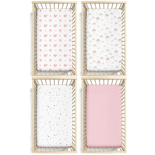 Image of Plushii Crib Sheets for Baby Girls 4 Pack, 28 inchx 52 inch Extra Soft Microfiber Crib Sheet Set for Standard Crib & Toddler Mattress Pad, Rainbow & Elephant & Stars & Pink