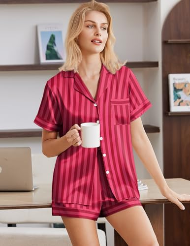 Image of Ekouaer Silk Pajamas for Women Button Down Sleepwear 2 Piece Pjs Shorts Set | Classic Short Sleeve Notch Neck Lounge Set with Pockets,Soft Cute Pj Set,Bridal Gifts,Pajama Party,Maternity Outfits