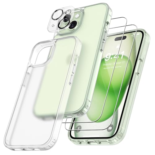 FLLAO 4 en 1 Funda para iPhone 15 con 2 Protector Pantalla y 1 Protector Lente Cámara, [Almohadilla de Aire integrada] Antigolpes Antiarañazos Carcasa 6,1 Pulgadas, Blanco Mate