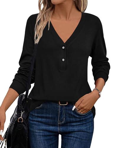 Image of LAISHEN Women's V Neck Summer Tops Casual Henley Button Down T Shirts Tunic 2024