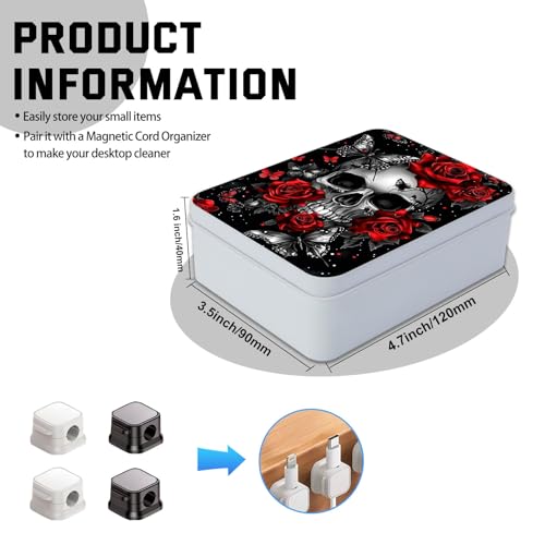 Image of Metal Tin Box with Lid,Multi-functional Storage Box Can Store Tea Biscuits Game Cards, Playing & Tarot Cards-Comes with 4 Magnetic Cord Clips,Skull Roses Butterfly