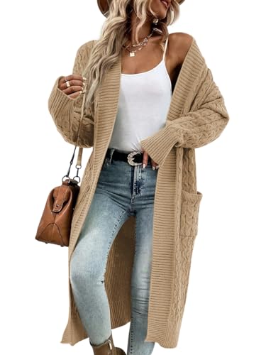 Image of Onedreamer Womens Long Cardigan Sweaters Open Front Cable Knit with Pockets