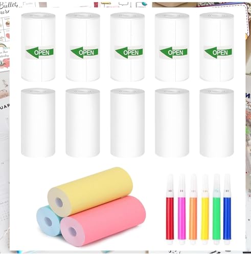 Image of Instant Printer Roll 57mm*25mm Thermal Sticker Roll for Mini Pocket Receipt Printer for Use Photo,DIY,Note,Memo (5 White paper + 3 Colorful paper +5 White Stickers with 6*Colored Pens Set)