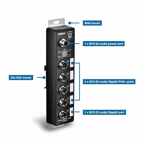 Image of TRENDnet 5-Port Industrial EN50155 M12 Gigabit PoE+ Railway Switch, TI-XPG50, 4 x M12 (X-Code) Gigabit PoE+ Ports, 1 x M12 (X-Code) Gigabit Port, 1 x M12 (A-Code) Power Port, Black
