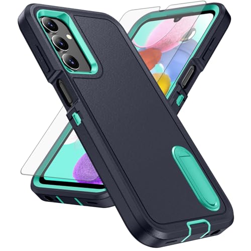 Asuwish Phone Case for Samsung Galaxy A15 5G with Tempered Glass Screen Protector Cell Cover Hybrid Hidden Stand Rugged Shockproof Hard Heavy Duty Protective A 15 15A SM-A156U SM-A156B (Navy+Cyan)