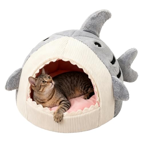 Lit Grotte pour Chat,Nid en Peluche de Requin avec Anti-Dérapant | Nid Requin De Chat Lavable,pour Chaton Chiot Petit Chien Sommeil Intérieur Apaisant...