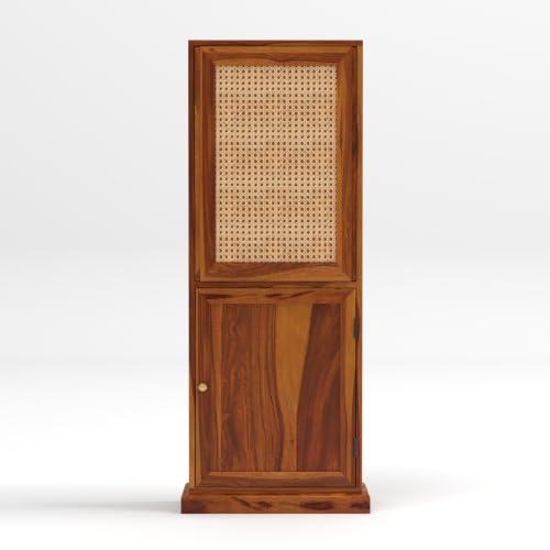 Image of Sheesham Wood Foldable Study Table with Bookshelf & Storage Cabinet | Cane Panel Writing Desk (Honey Finish)