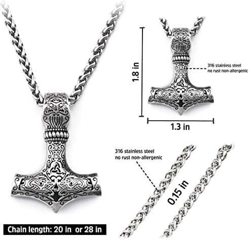 BAVIPOWER Norse Thor Hammer Necklace For Men Mjolnir Pendant Double Wolf Head Fenrir Stainless Steel Keel Chain Viking Jewelry