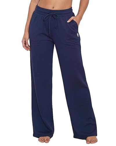 Image of U.S. Polo Assn. Wide Leg Sweatpants for Women Soft Fleece-Backed Jersey Knit, Baggy Sweatpants (Peacoat Blue, Medium)