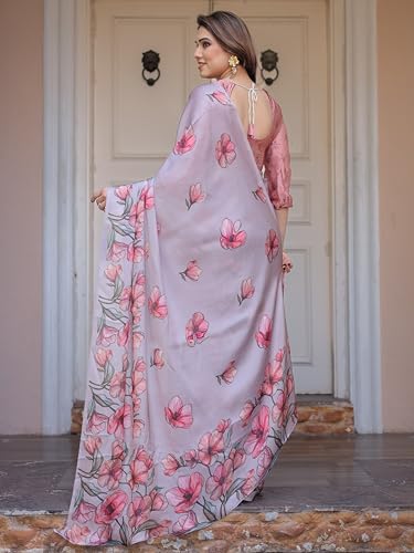 Image of ALMAARI FASHION Women's Floral Printed Georgette Satin Saree with Unstitched Blouse Piece | Traditional Ethnic Wear Sarees | Soft Lightweight Ethnic Office Wear Daily Wear Indian Sari (SG 161-170 H)