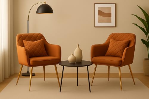 Image of Velvet Chair with Floral Pillow for Home | Modern Accent Armchair in Soft Velvet Fabric with Golden Legs | Set of 2 Premium Accent Chair for Living Room Bedroom (Barfi Light Brown)