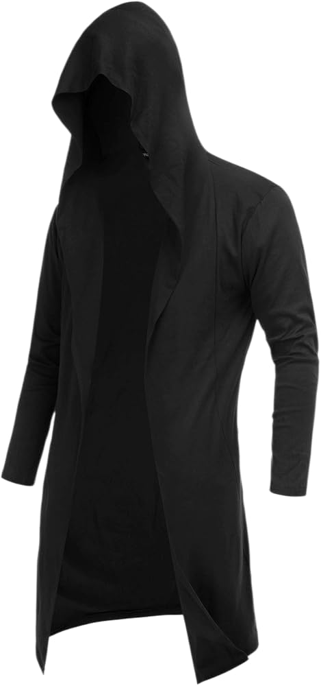 nemoux Mens Longline Hooded Cardigan with Ruffle Shawl Collar, Black Wool Blend Cape Overcoat, Open Front Drape Design, Winter Casual Streetwear-picture-18