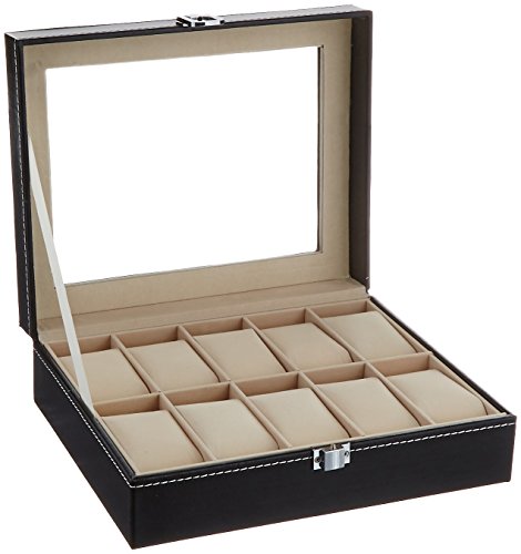 PU Leather 10 Grid Watch Display Box Jewelry Storage Organizer, Black - SciencePurchase - Thumbnail 2