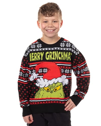 Dr. Seuss The Grinch Ugly Sweater for Christmas Kids Merry Grinchmas Knit Pullover (Medium) Multicolored