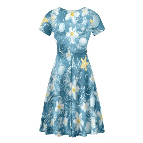 Image of Forchrinse Hawaiian Hibiscus Dresses for Women Plus Size Crew Neck Swing Dress Summer Short Sleeve Midi Dresses Elegant Beach Sunndress Size S-4XL