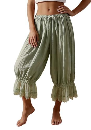 Image of NUFIWI Women Ruffle Long Bloomer Y2k Lace Trim Pettipants Pantaloons Mid Rise Cropped Pajama Pants Under Dress Slips