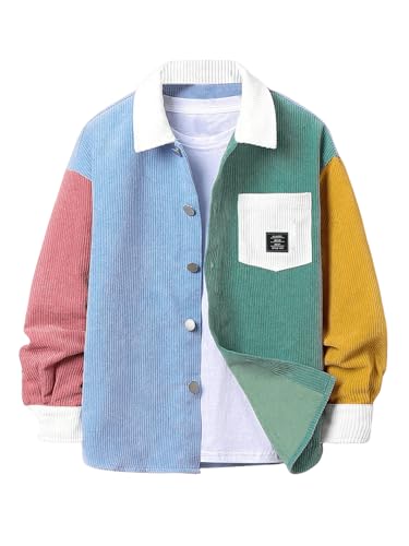 SHENHE Men's Colorblock Button Down Shirt Jacket Collared Loose Corduroy Shacket Jacket Streetwear