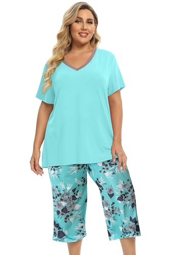 Image of Vozanet Women's Pajamas Set Soft V Neck Sleepwear Top and Capri Pj Lounge Sets Cartoon Heart Shape Cat Nighty Plus Size