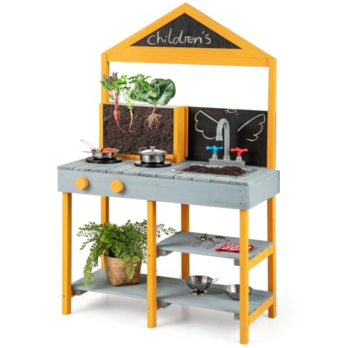 COSTWAY Cocina Juguete al Aire Libre con Macetero con Visor de Raíces, Grifo Giratorio y Fregadero Extraíble, 2 Pizarras, Utensilios de Cocina, Cocinita Infantil Exterior para Niños de 3+ Años (Azul)