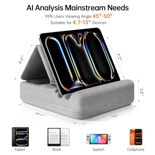 Image of Tablet Pillow Stand with Storage, Foldable iPad Holder for Lep, Bed, Sofa, and Desk - Soft Pad Dock with Pocket and Stylus Mount Compatible with 4-13 inch iPad Pro /Air /Mini, Galaxy Tab, Kindle